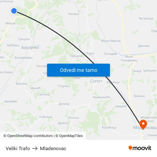 Veliki Trafo to Mladenovac map