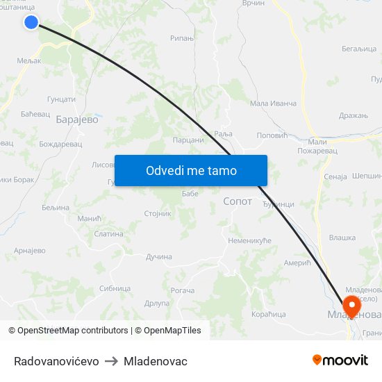 Radovanovićevo to Mladenovac map