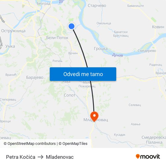 Petra Kočića to Mladenovac map
