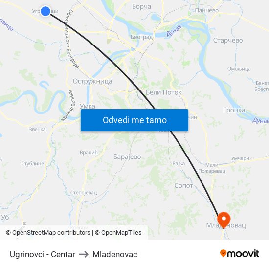 Ugrinovci - Centar to Mladenovac map