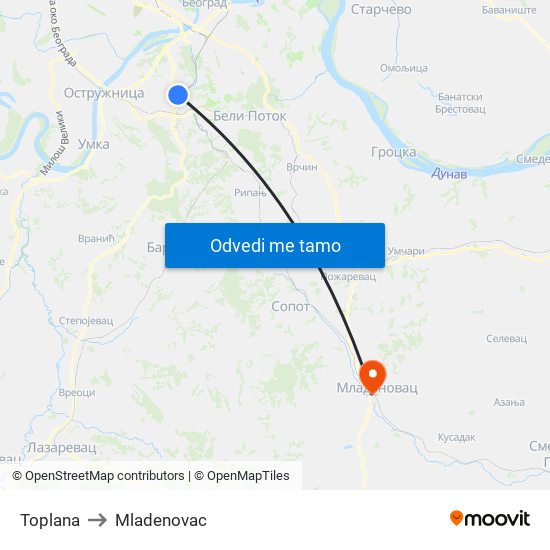 Toplana to Mladenovac map