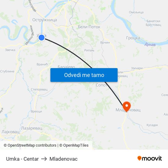 Umka - Centar to Mladenovac map