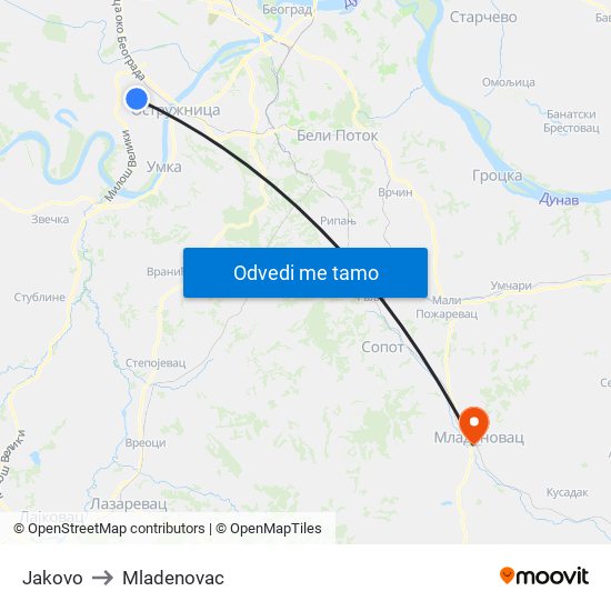 Jakovo to Mladenovac map