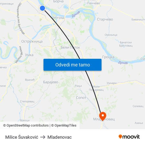 Milice Šuvaković to Mladenovac map