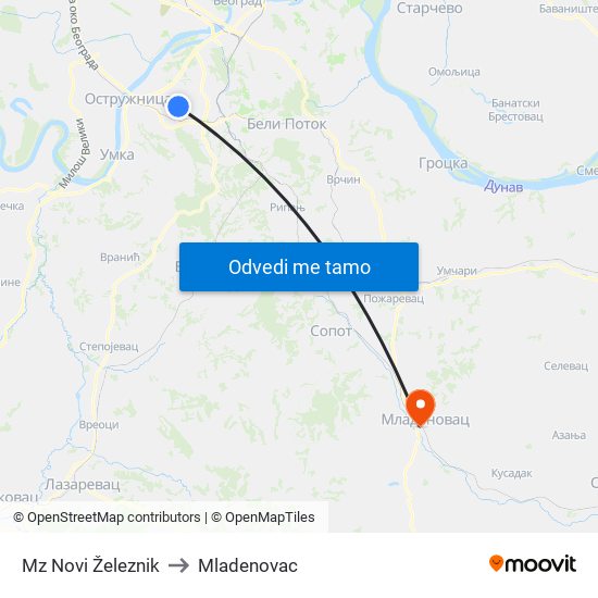 Mz Novi Železnik to Mladenovac map