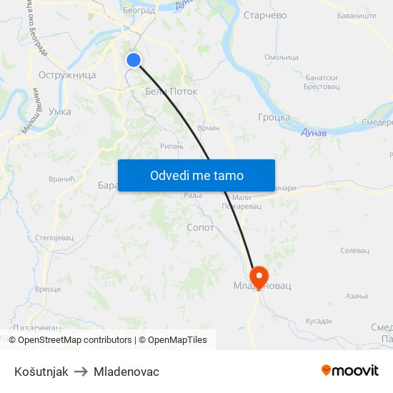 Košutnjak to Mladenovac map