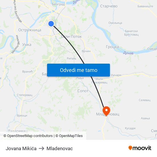 Jovana Mikića to Mladenovac map