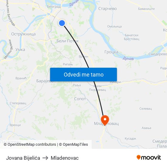 Jovana Bijelića to Mladenovac map