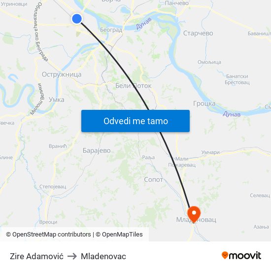 Zire Adamović to Mladenovac map