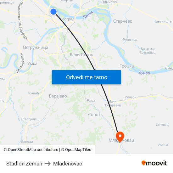 Stadion Zemun to Mladenovac map