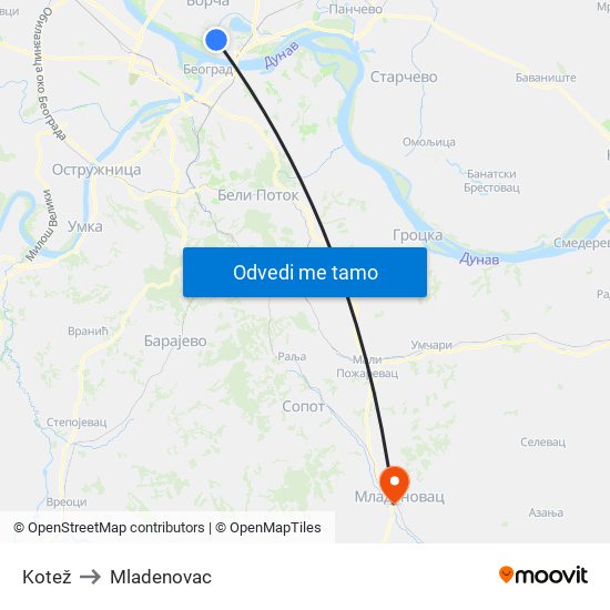 Kotež to Mladenovac map