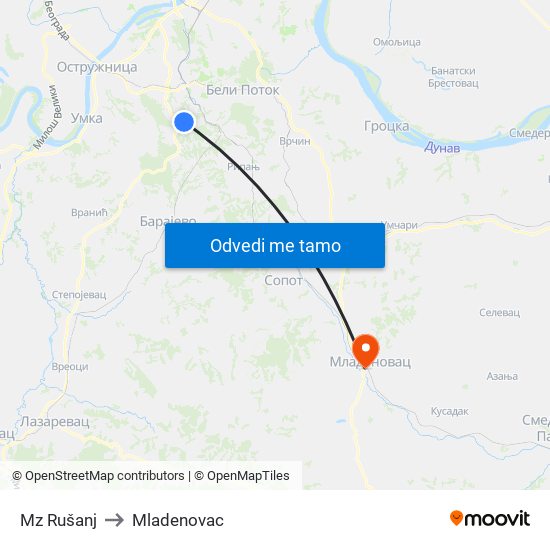 Mz Rušanj to Mladenovac map