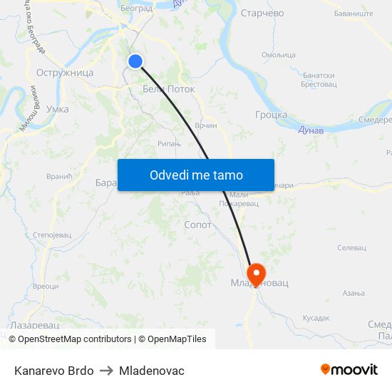 Kanarevo Brdo to Mladenovac map