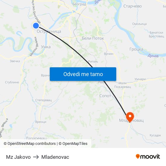 Mz Jakovo to Mladenovac map