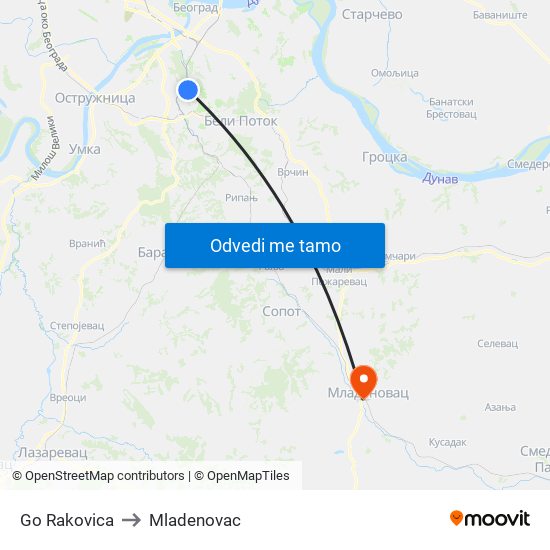 Go Rakovica to Mladenovac map