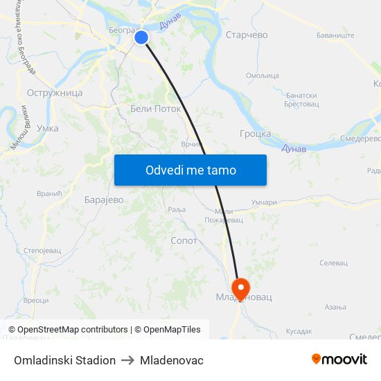 Omladinski Stadion to Mladenovac map