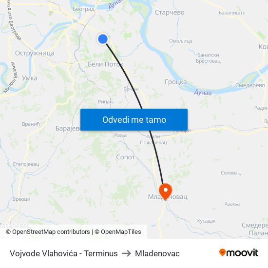 Vojvode Vlahovića - Terminus to Mladenovac map