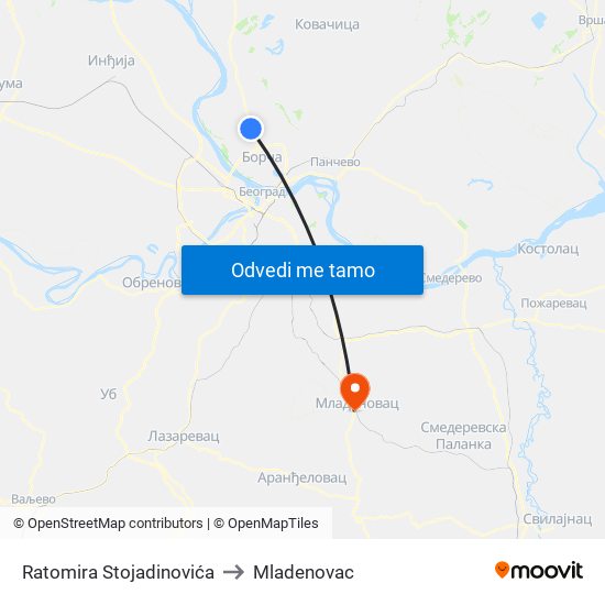 Ratomira Stojadinovića to Mladenovac map