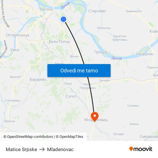 Matice Srpske to Mladenovac map