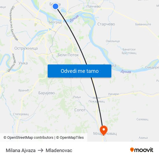 Milana Ajvaza to Mladenovac map