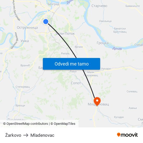 Žarkovo to Mladenovac map