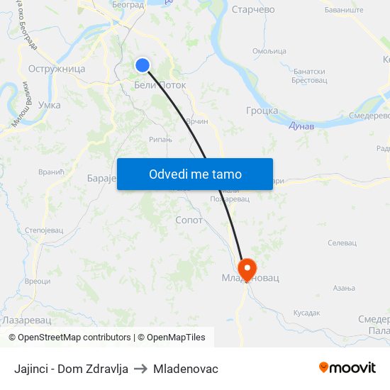 Jajinci - Dom Zdravlja to Mladenovac map