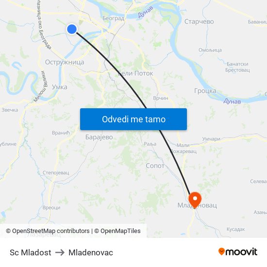 Sc Mladost to Mladenovac map