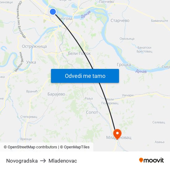 Novogradska to Mladenovac map