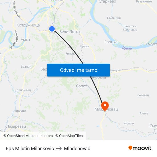 Epš Milutin Milanković to Mladenovac map