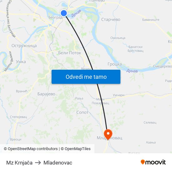 Mz Krnjača to Mladenovac map