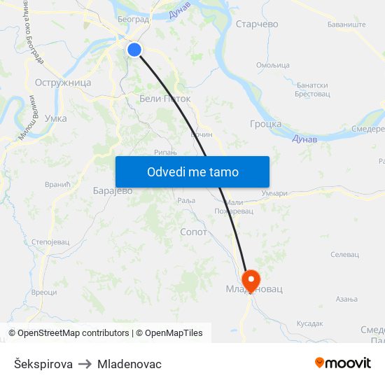 Šekspirova to Mladenovac map