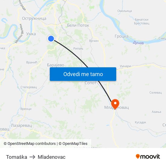 Tomaška to Mladenovac map