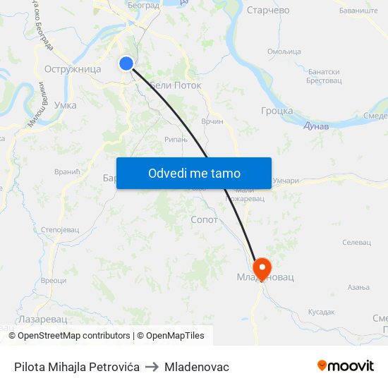 Pilota Mihajla Petrovića to Mladenovac map