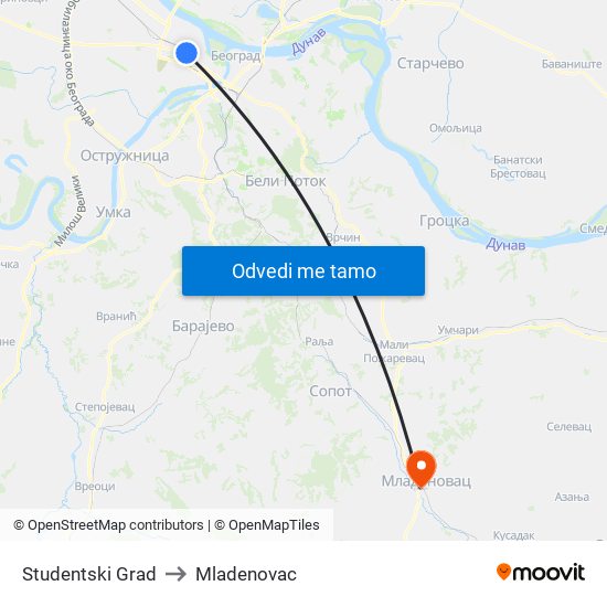 Studentski Grad to Mladenovac map