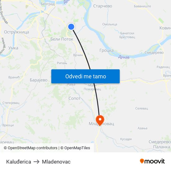 Kaluđerica to Mladenovac map