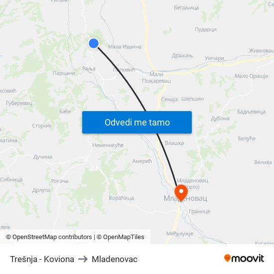 Trešnja - Koviona to Mladenovac map