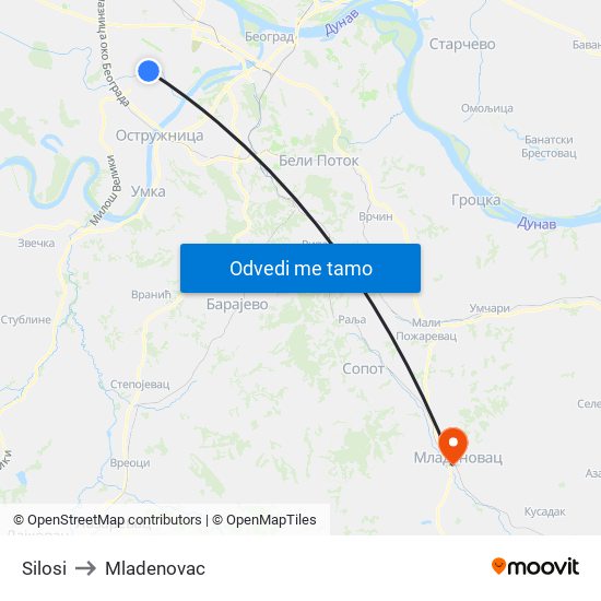 Silosi to Mladenovac map