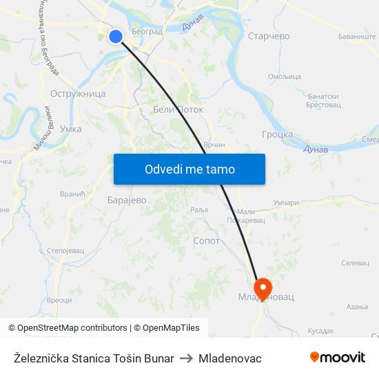 Železnička Stanica Tošin Bunar to Mladenovac map