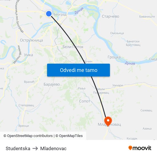 Studentska to Mladenovac map