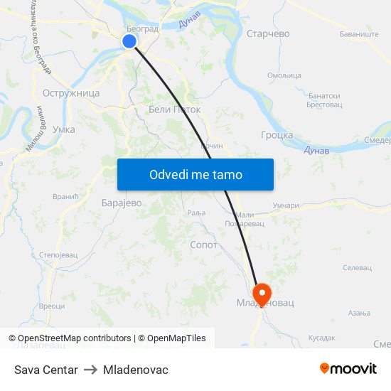 Sava Centar to Mladenovac map