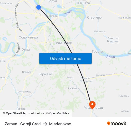 Zemun - Gornji Grad to Mladenovac map