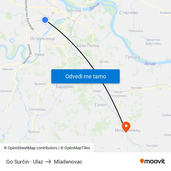 Go Surčin - Ulaz to Mladenovac map