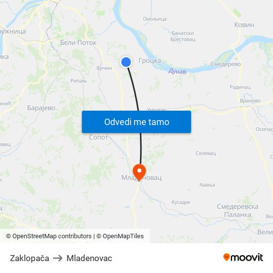 Zaklopača to Mladenovac map