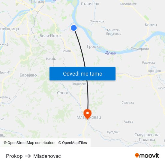 Prokop to Mladenovac map