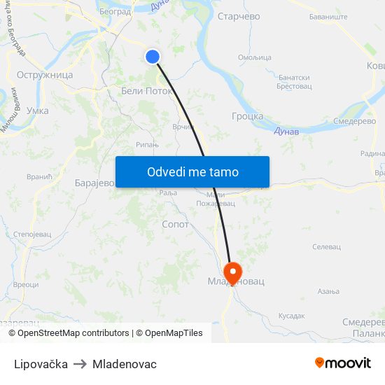 Lipovačka to Mladenovac map