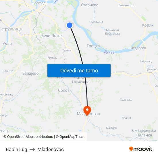 Babin Lug to Mladenovac map