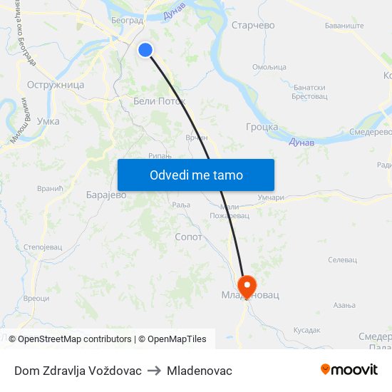 Dom Zdravlja Voždovac to Mladenovac map