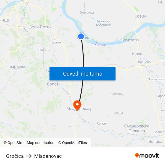 Gročica to Mladenovac map