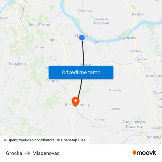 Grocka to Mladenovac map