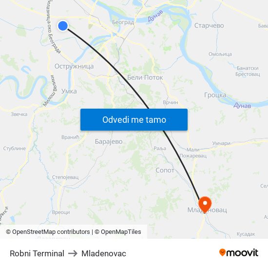 Robni Terminal to Mladenovac map